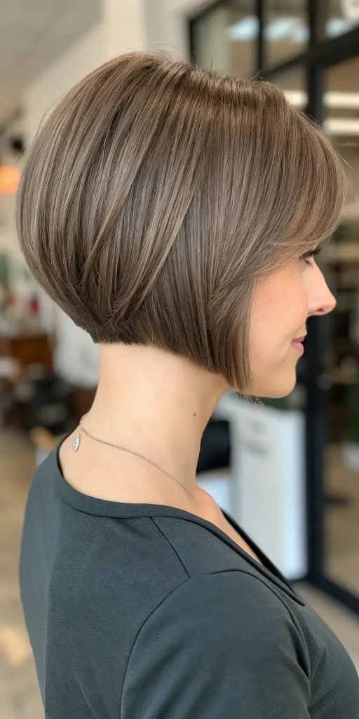 Short bob haircut in mushroom ash brown color