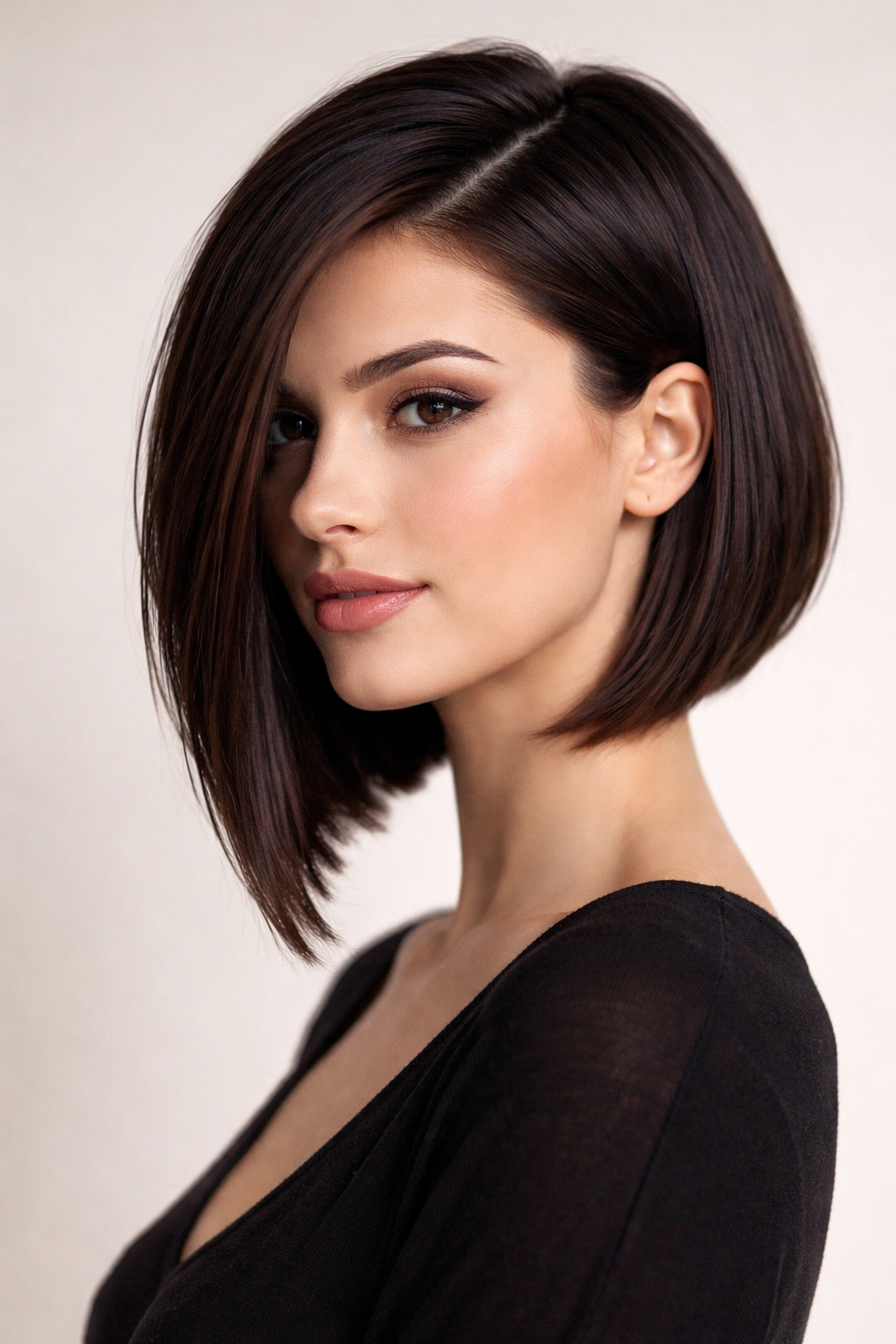 Asymmetrical bob haircut with longer front on dark brown hair
