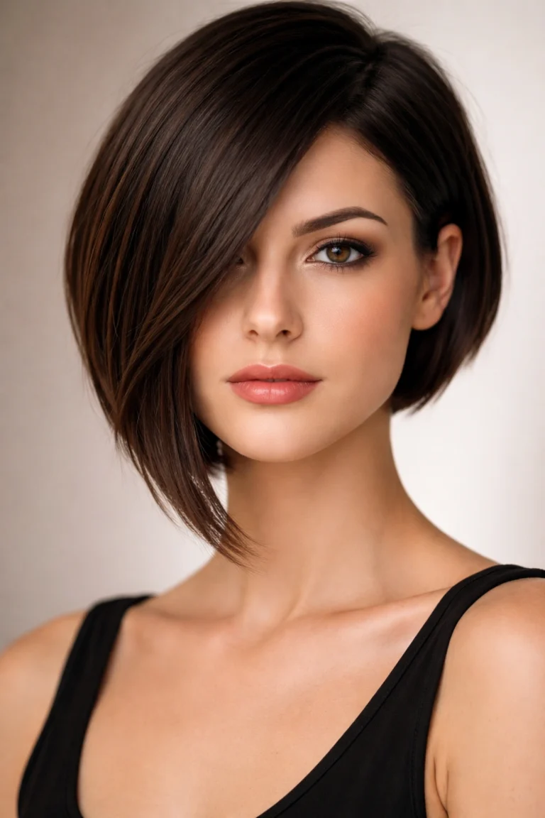 Woman with a sleek asymmetrical bob haircut, longer on one side