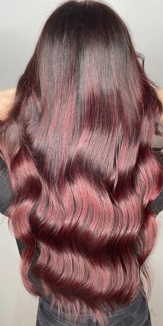 Plum balayage on dark brown hair