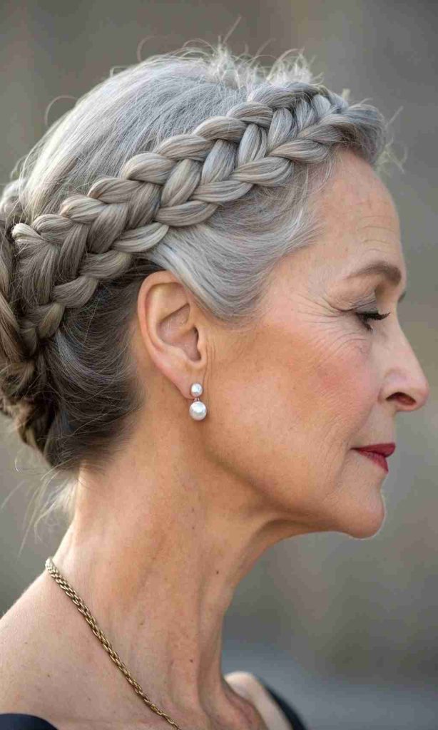 Braided crown updo in silver hair