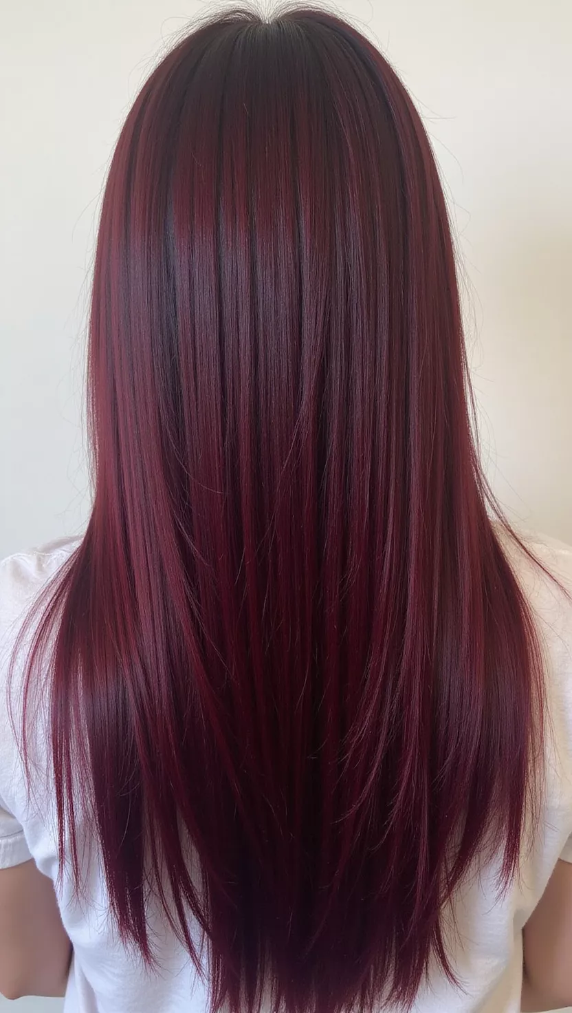 Burgundy hair with dark shadow roots, back view