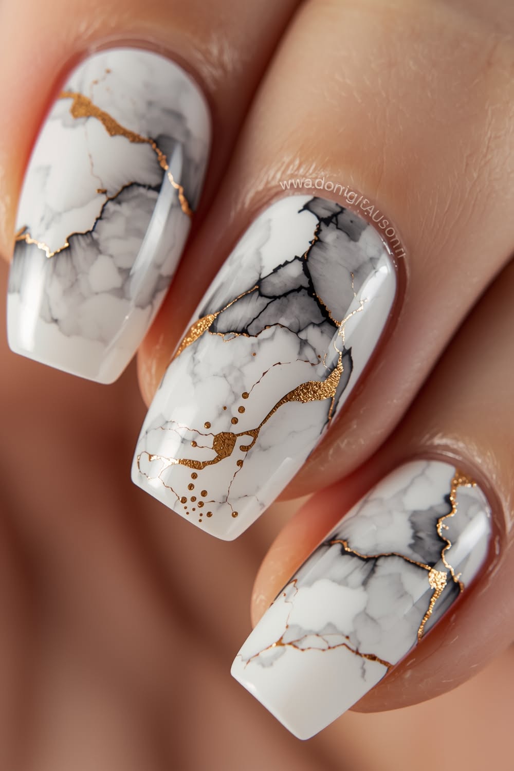 White marble nail art with gold veining and accents