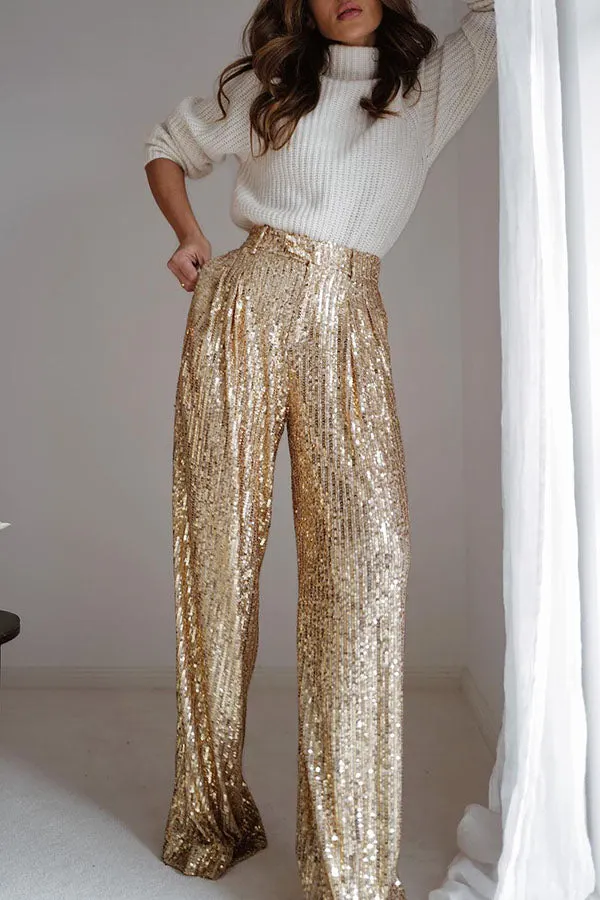 Gold sequin wide-leg party trousers with a simple knit top