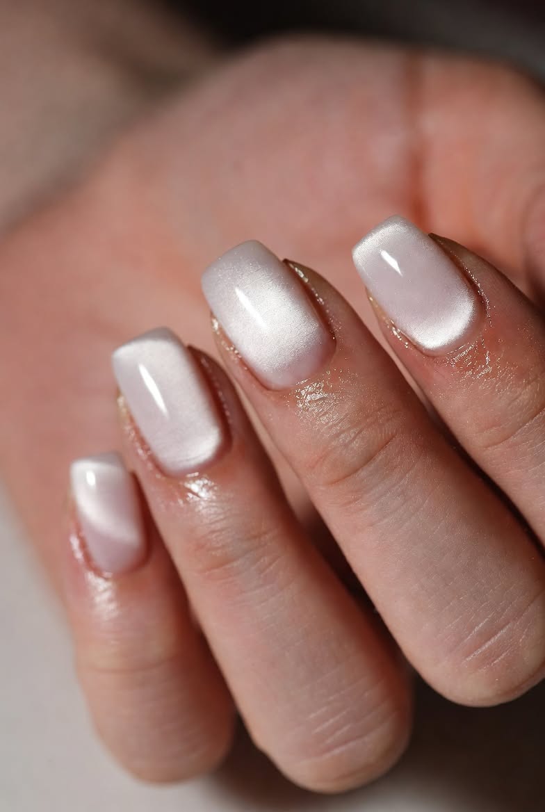 White cat eye magnetic nails with shimmering dimension