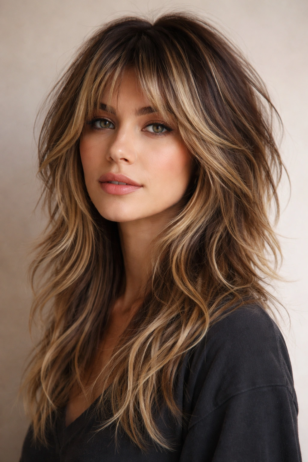 Woman with a brunette wolf cut hairstyle and curtain bangs