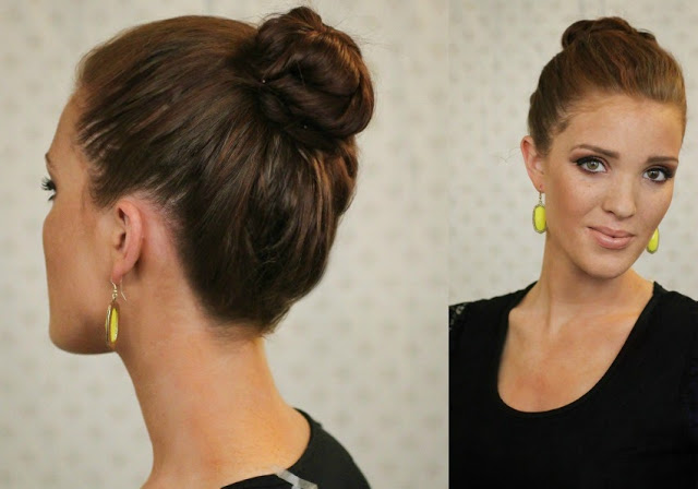 Woman with a classic ballerina top knot bun hairstyle