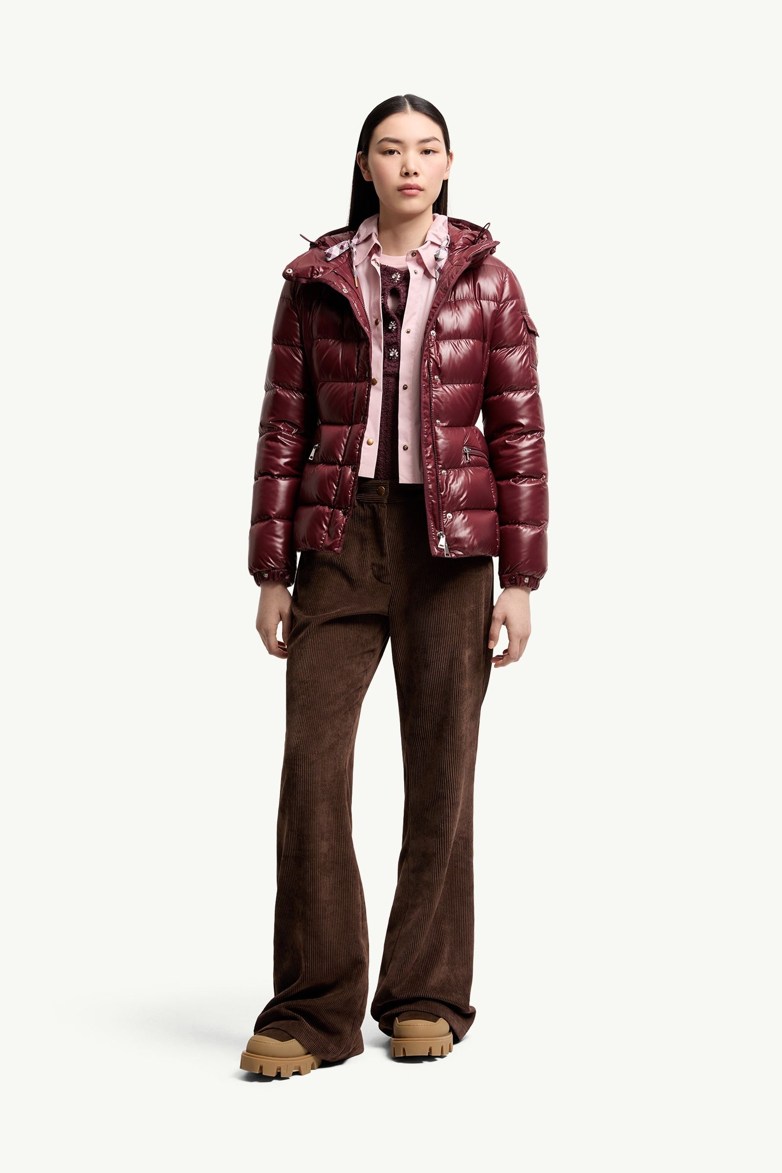 Burgundy hooded short down puffer jacket