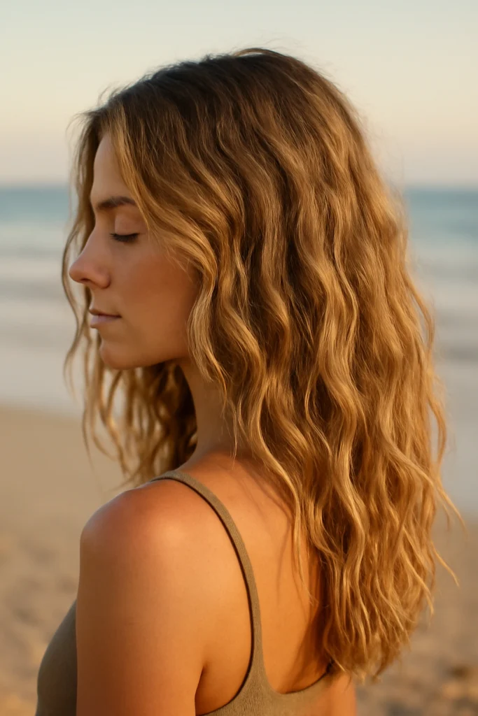 Woman with long air-dried beach waves and sun-kissed texture