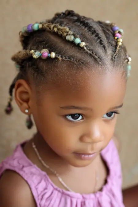 Toddler girl with neat cornrows decorated with colorful beads