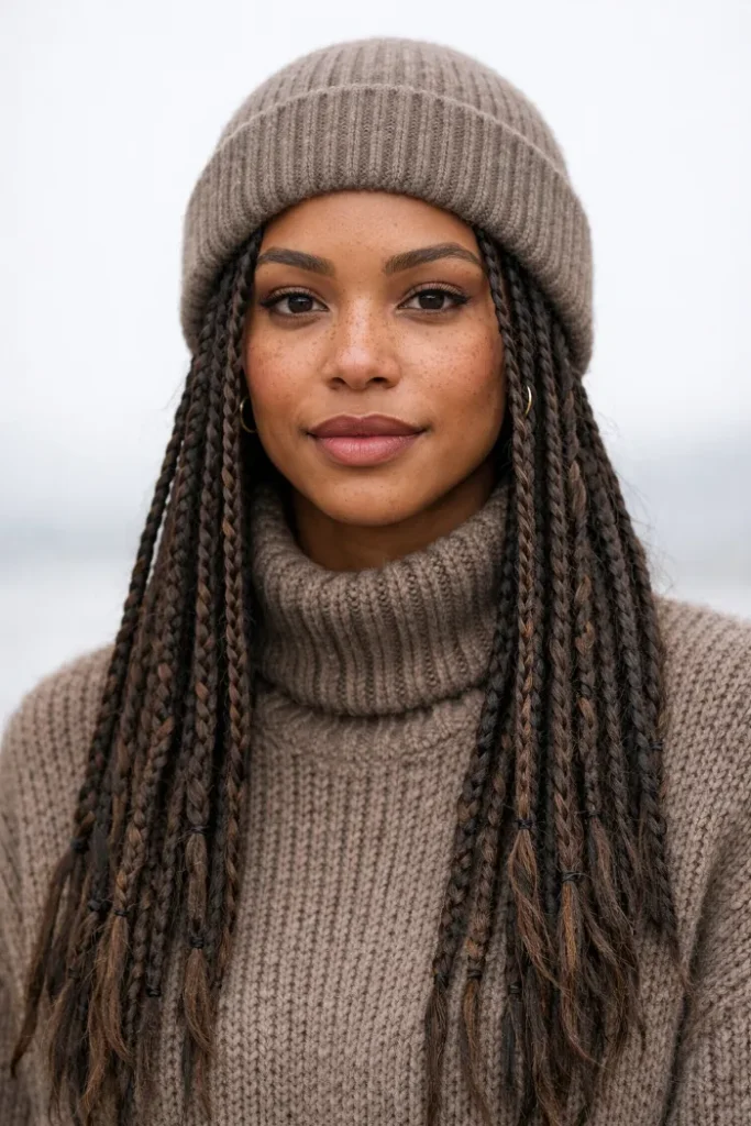 Woman in a taupe beanie and turtleneck with long thin box braids