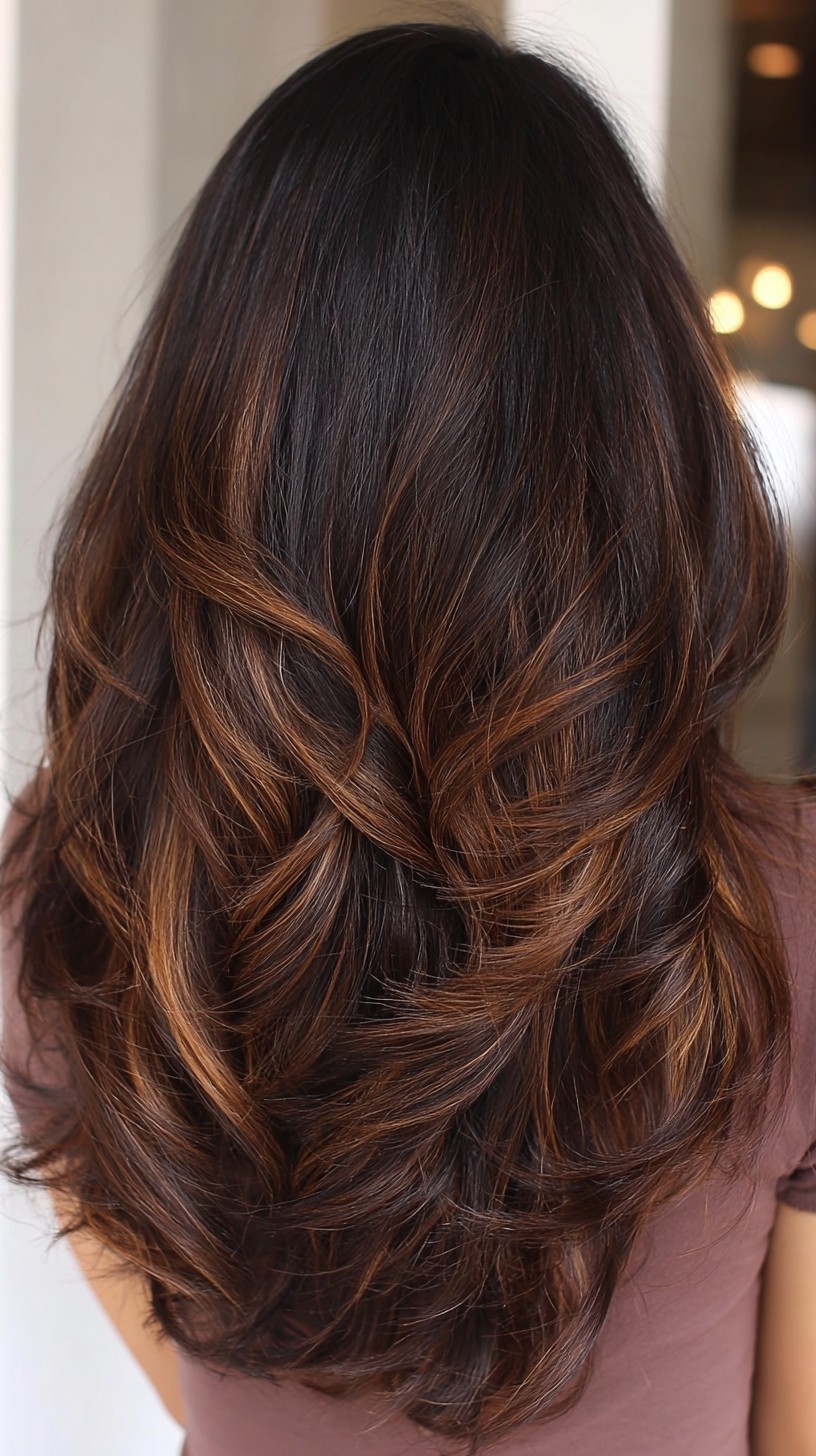 Back view of long layered hair with luminous dark caramel balayage