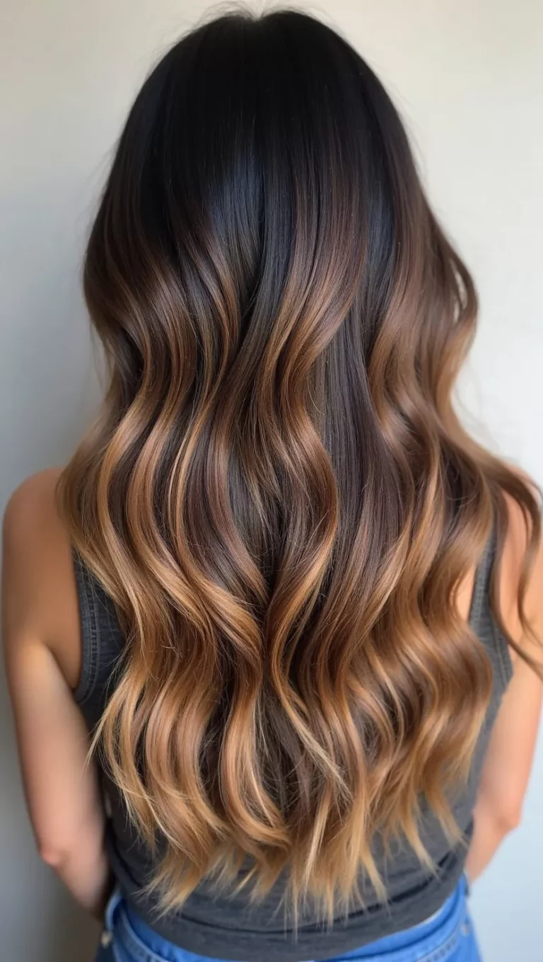 Back view of long layered hair with caramel balayage in soft waves