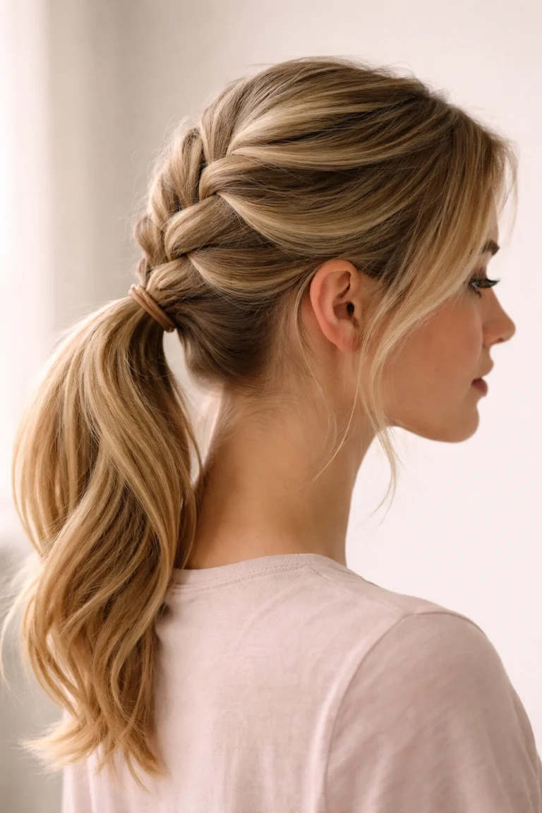A French braid melting into a low wavy ponytail