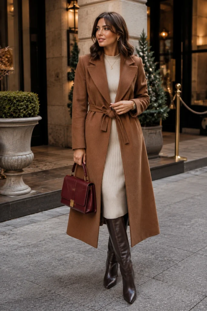 Woman in a belted coat with knee-high boots