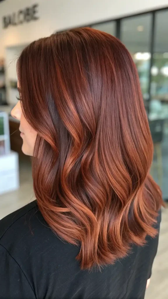 Copper brown hair color with warm metallic shine
