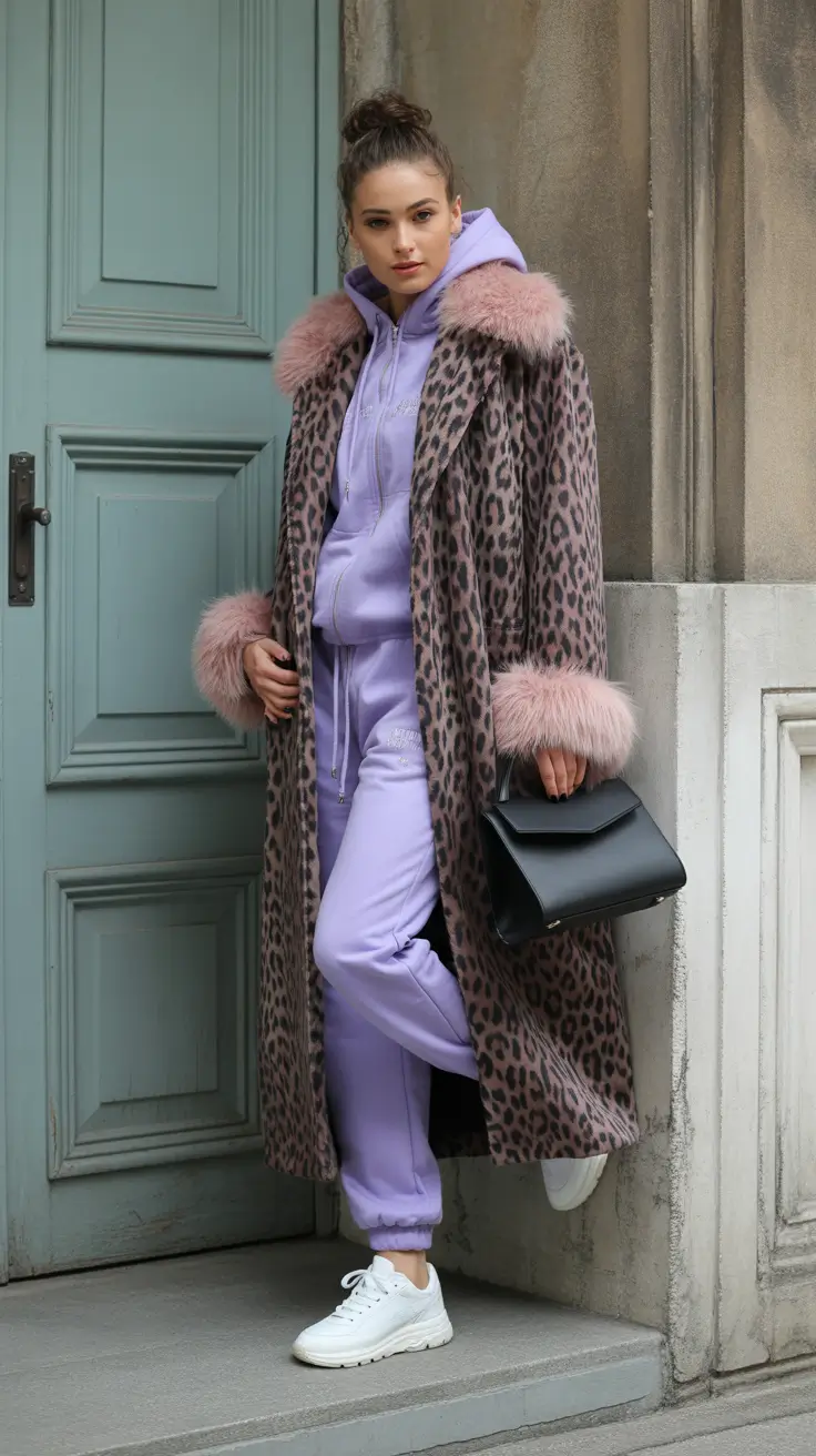Leopard coat styled with a grey hoodie and sneakers for a sporty winter look