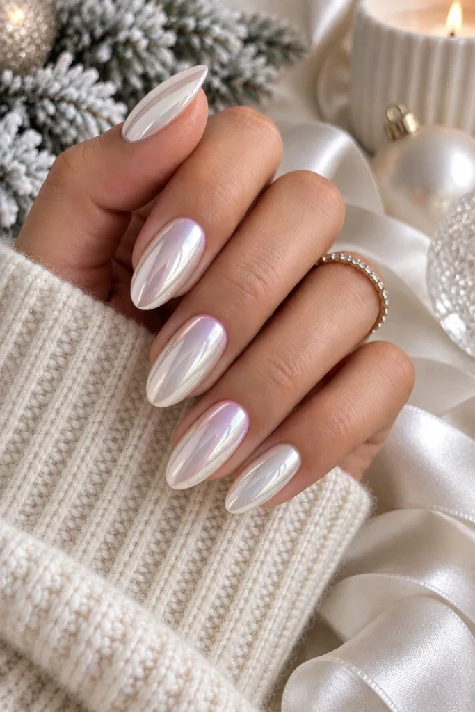 Short oval nails with milky white pearl chrome finish