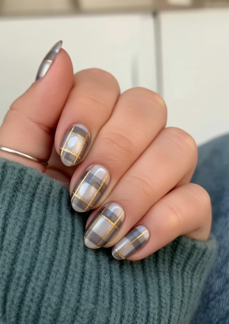 Short rounded nails with gray plaid check pattern outlined in thin gold lines