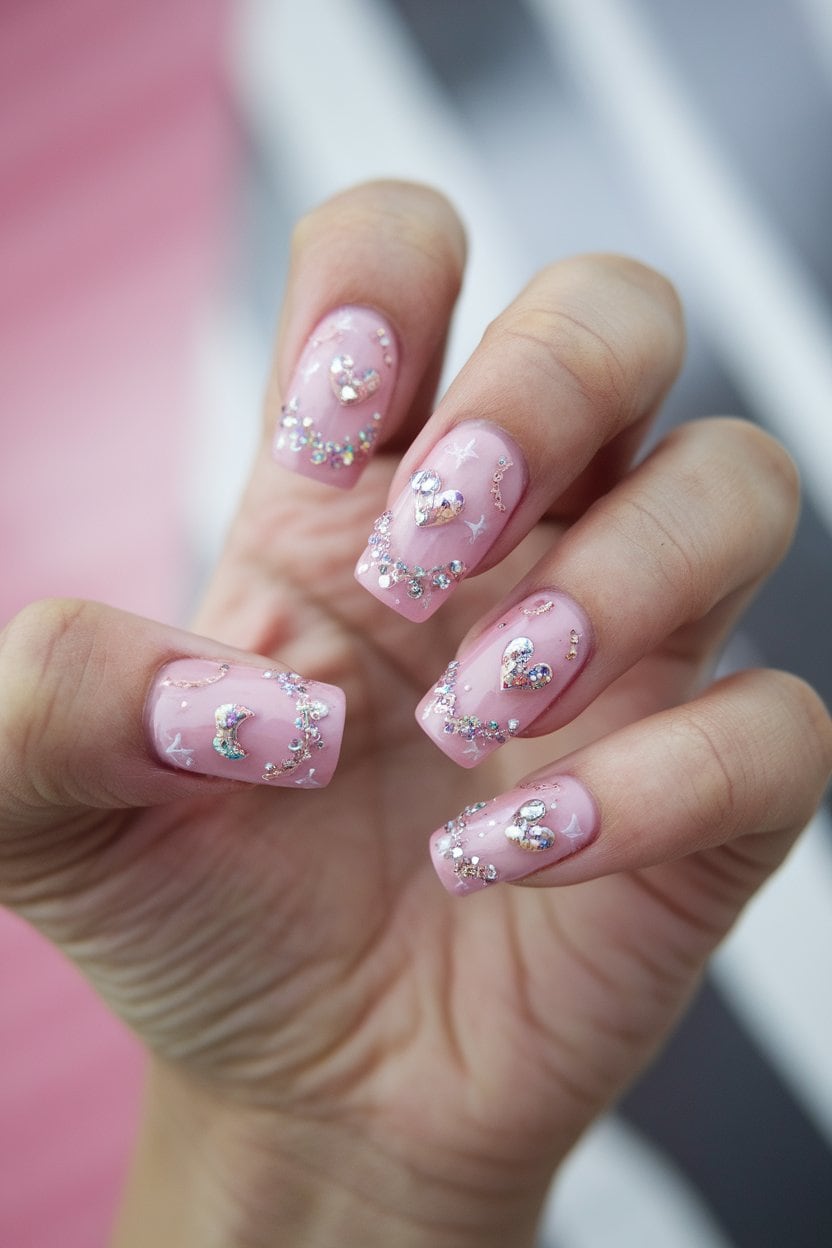 Pink crystal hearts with glitter cuticle bands