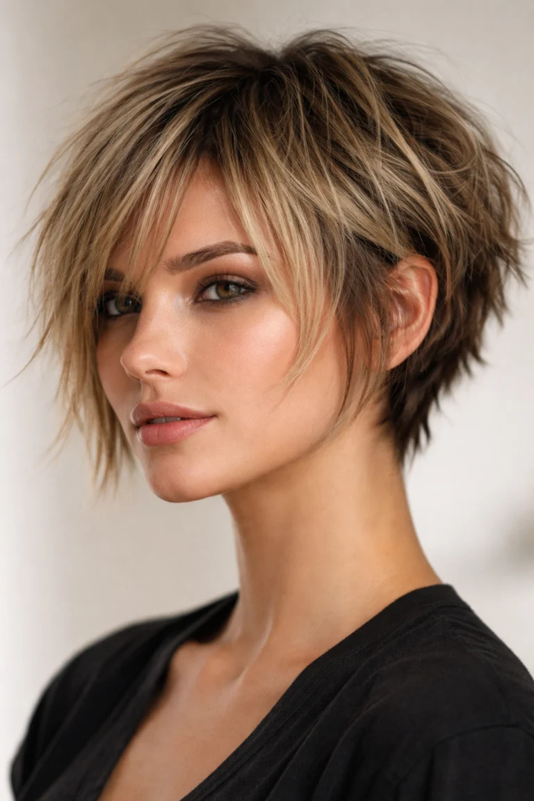 Woman with a textured blonde bixie haircut and side-swept fringe