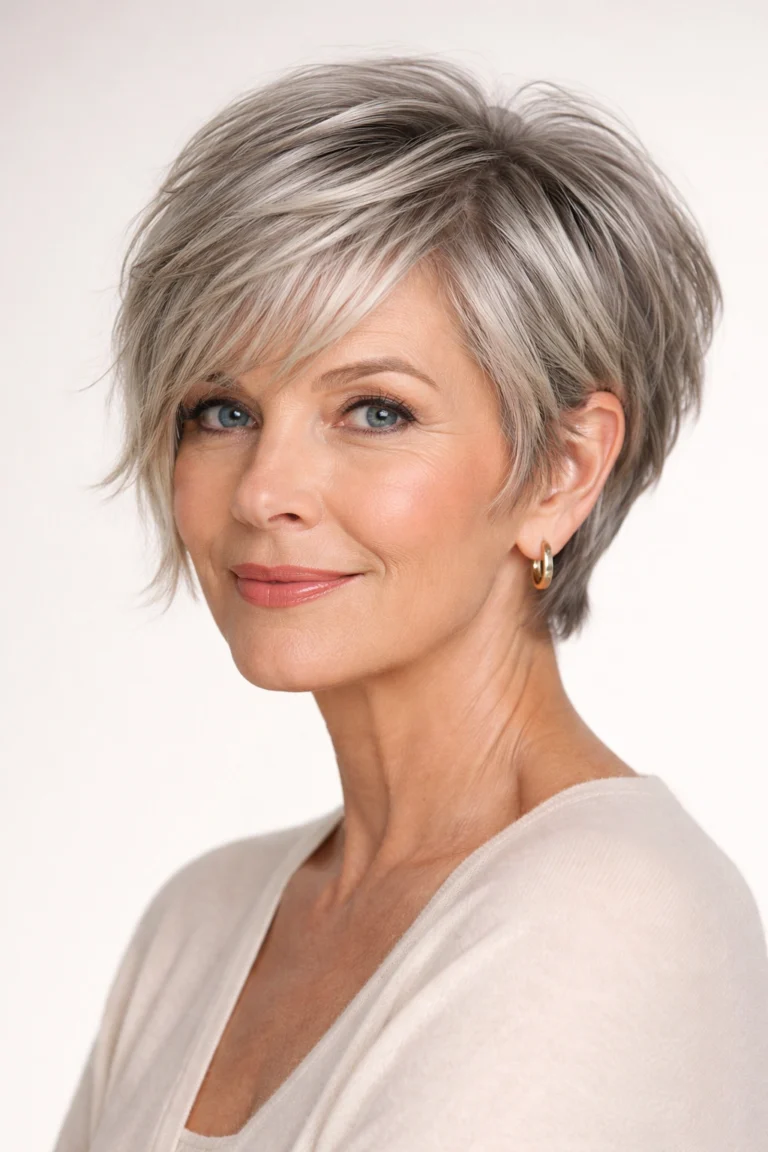 Tapered pixie cut with longer bangs on an older woman