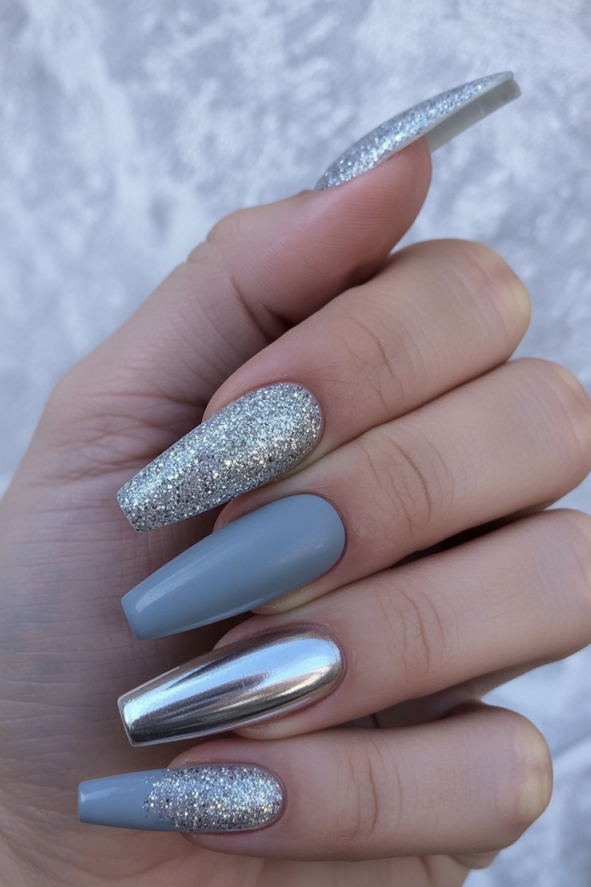 Silver chrome nails with glitter accent nails