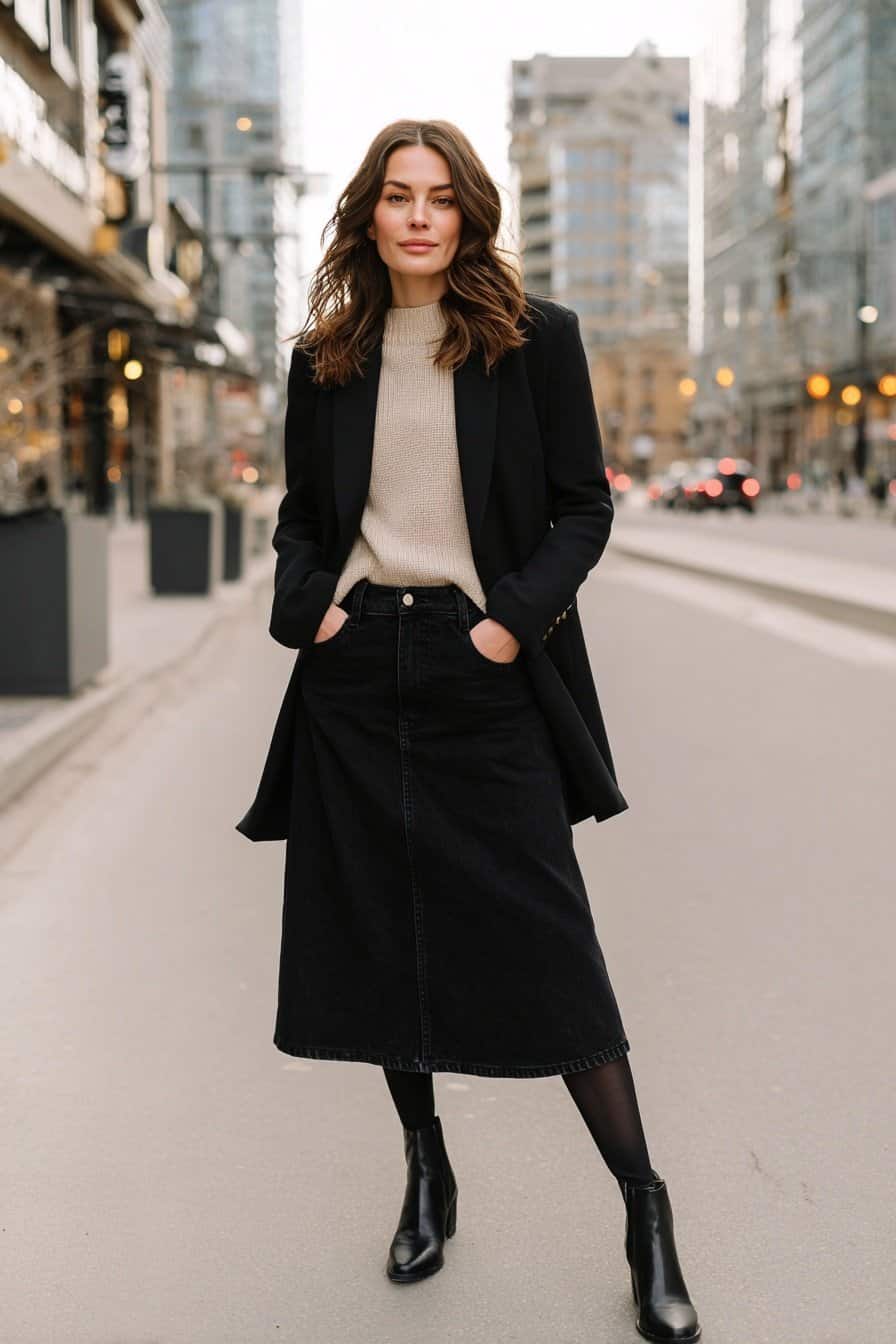 Woman wearing a black denim midi skirt, beige knit sweater, black blazer, black tights and heeled ankle boots