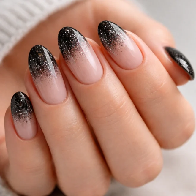 Black nails with silver glitter fade
