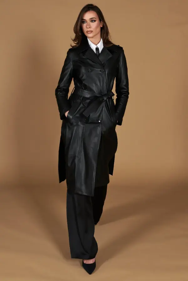Belted black faux leather trench coat with heels