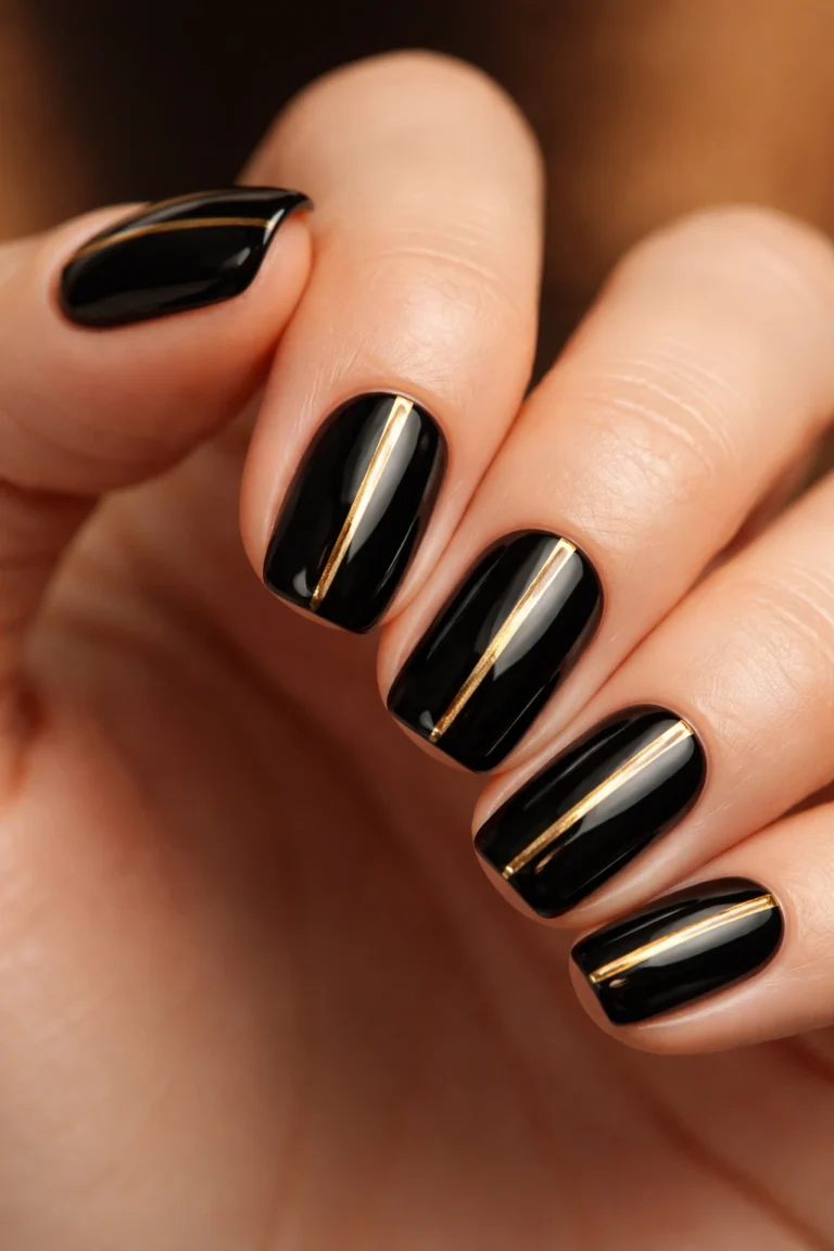 Glossy Black with Gold Center Stripe: glossy black short oval nails with a single gold stripe