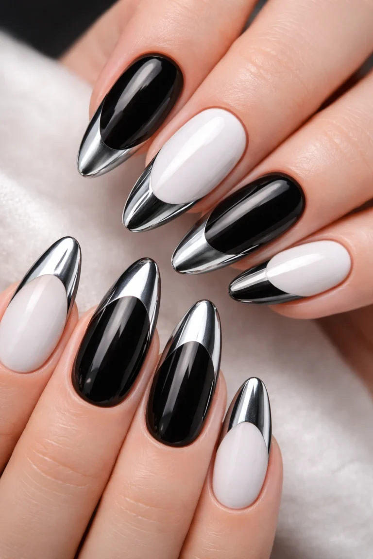 Reverse French chrome nails with silver at the cuticle
