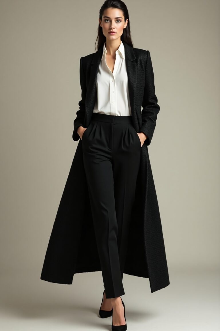 Woman in a black long coat with a white shirt and black pleated trousers and heels