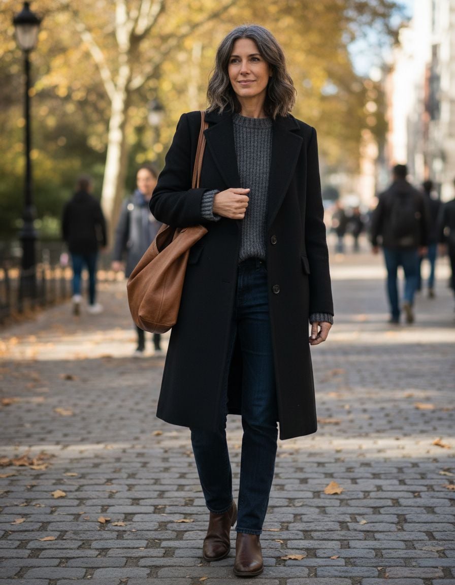 A black wool coat styled for winter in a versatile city outfit