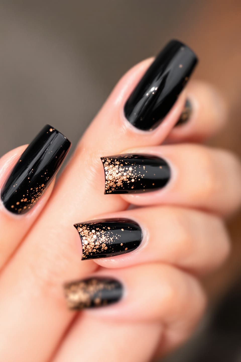 Black nails with gold glitter gradient tips