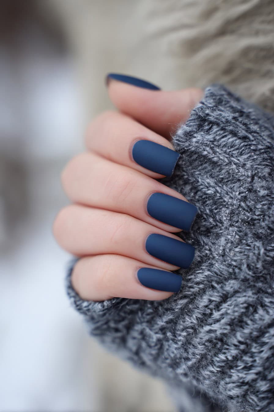 Short almond nails in slate blue with silver shimmer