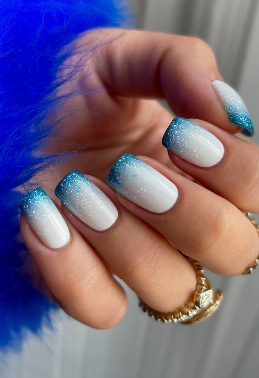 Square nails with white base and blue glitter French tips