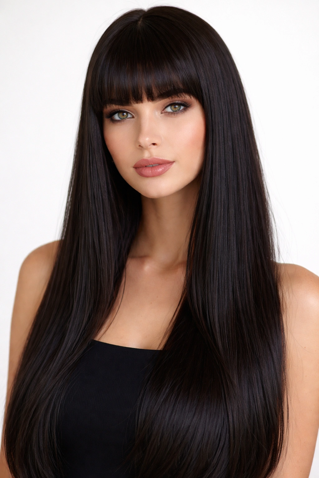 Very long dark straight hair with blunt full bangs