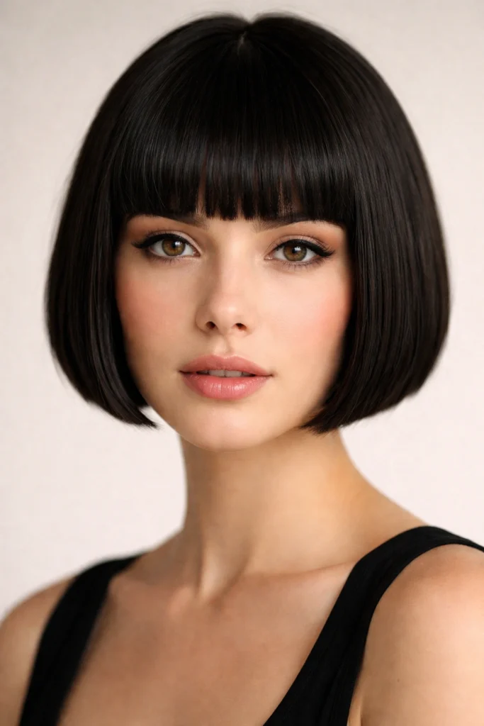 Woman with a black blunt bob haircut and straight full bangs