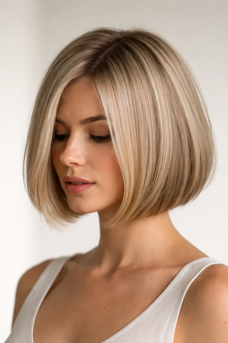 Blonde blunt chin-length bob with a center part, worn smooth and sleek