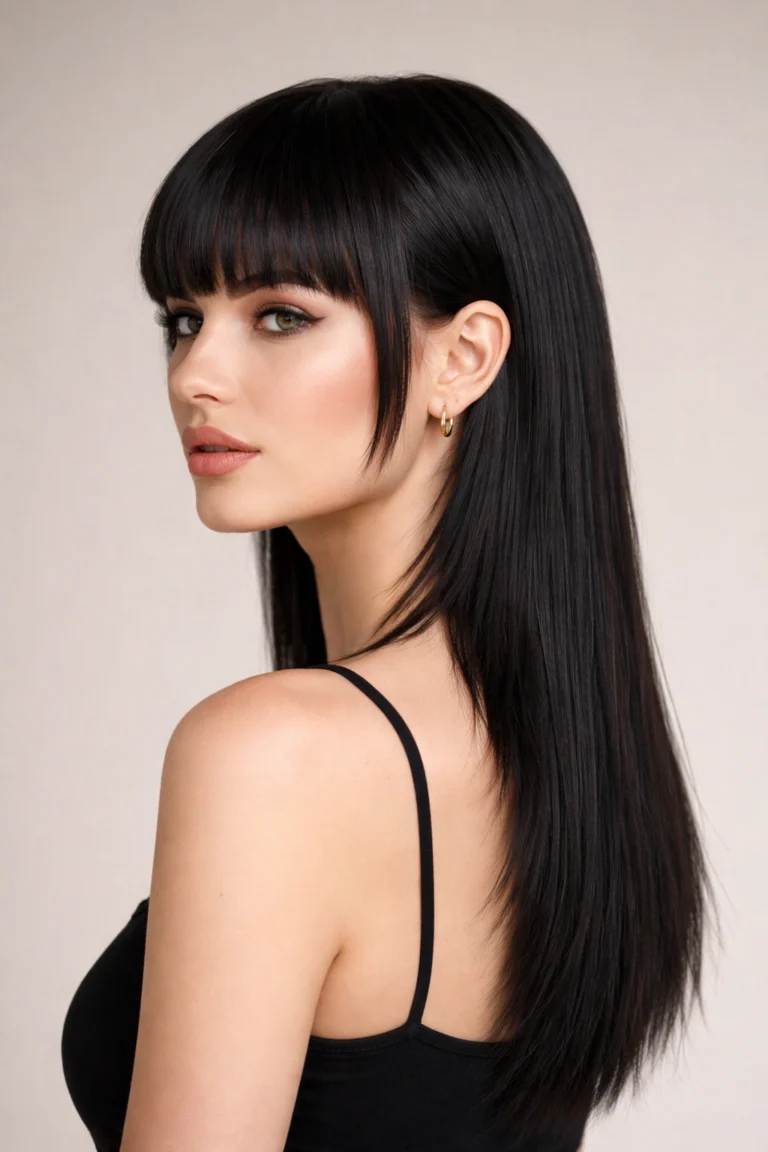 Long sleek black hair with blunt straight-across bangs