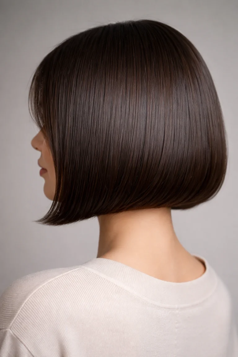 Sleek chin-length blunt bob with rounded ends on dark brown hair, back view