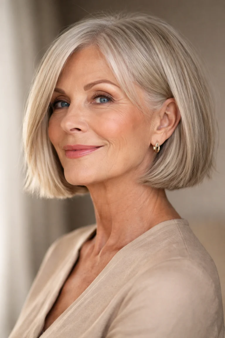 Ash blonde blunt bob cut at chin length