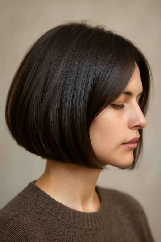 Dark chin-length blunt bob haircut with sleek straight texture