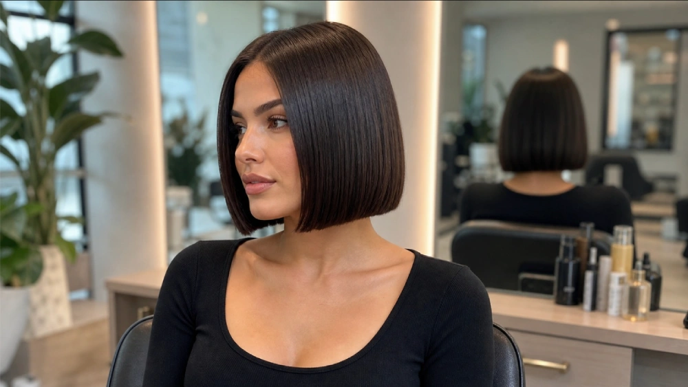 Blunt bob haircut with a sharp center part