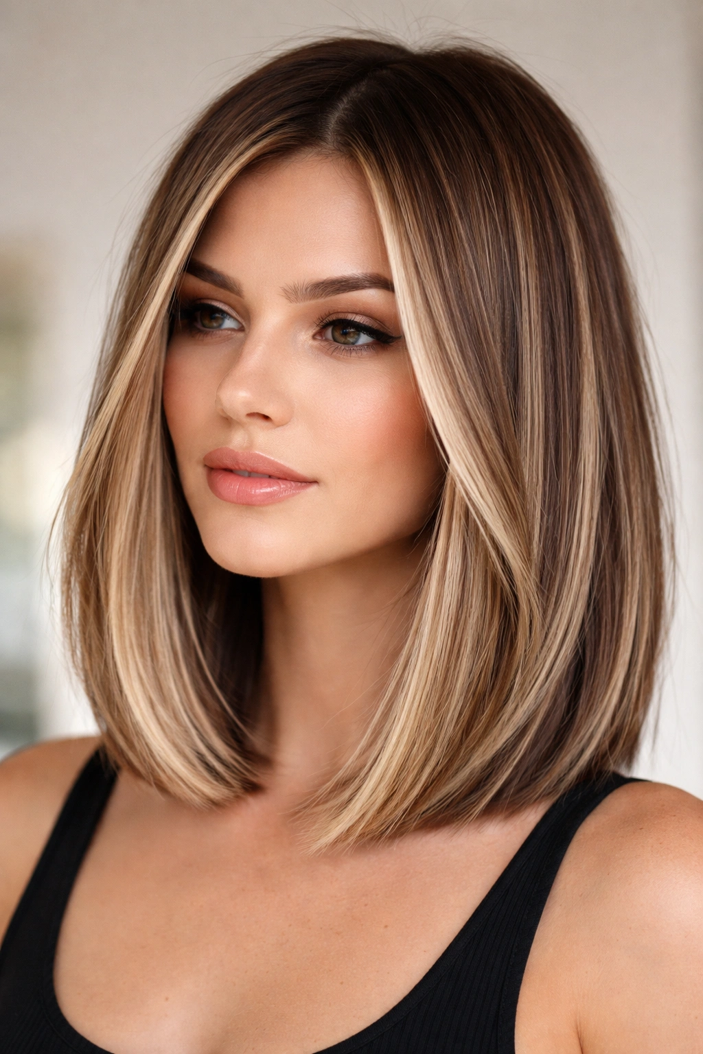 Blunt lob with face-framing highlights and subtle dimension