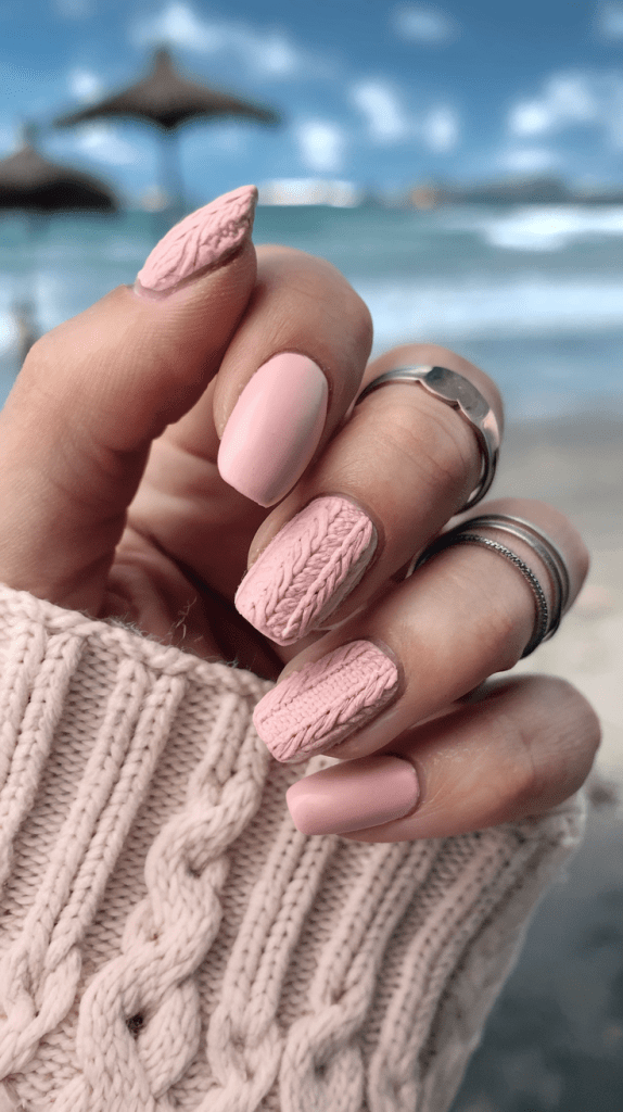 Blush pink cable knit sweater texture nails