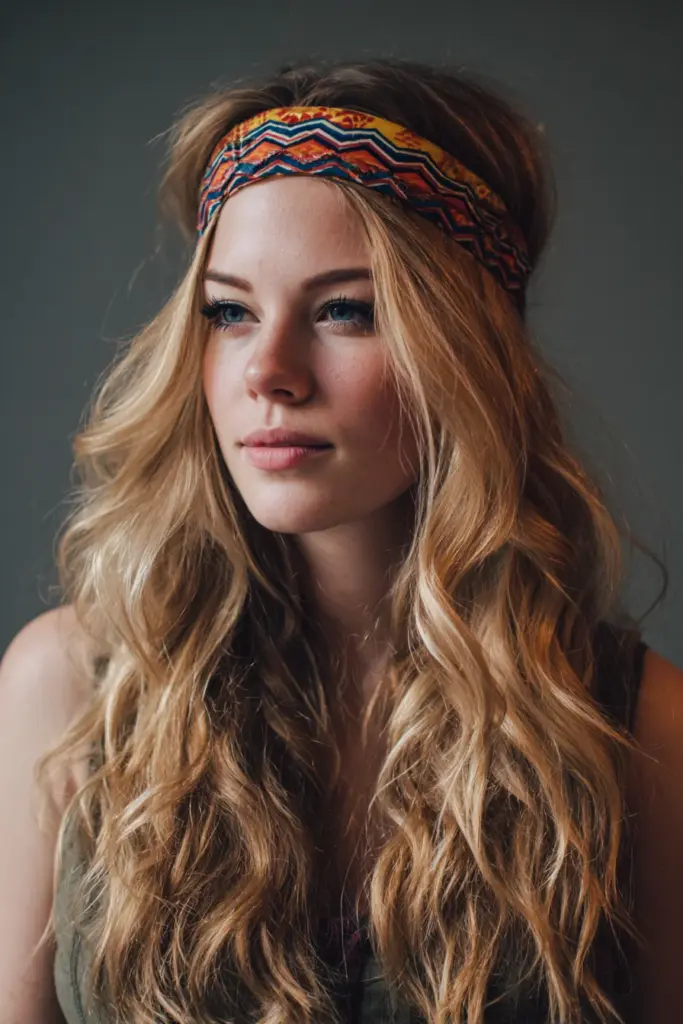 Woman with long boho beach waves wearing a colorful patterned headband
