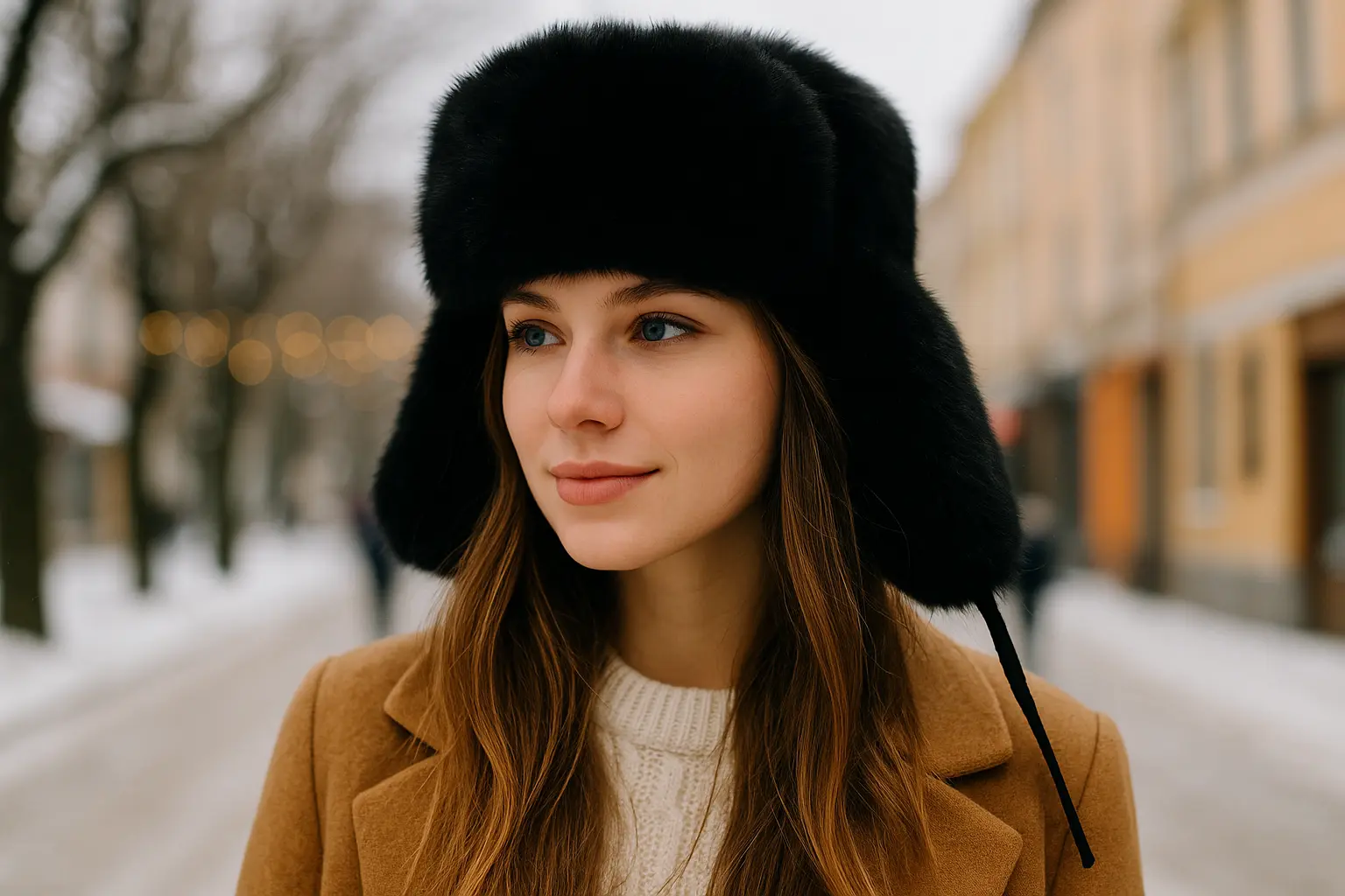 Woman wearing a black fur ushanka hat with a camel wool coat in a snowy street
