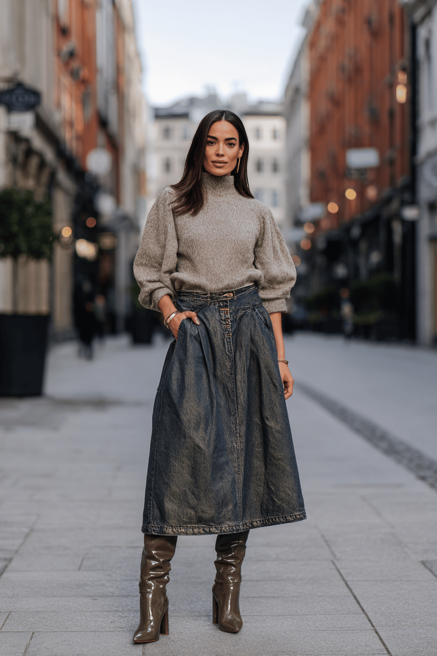 Woman wearing a dark denim A-line midi skirt, grey turtleneck sweater and brown patent knee-high boots